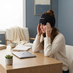 A woman wearing a migraine relief cap at a home office desk, looking distressed and holding her head.