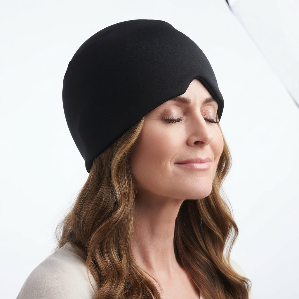 A person wearing a cooling migraine relief cap with a peaceful expression, captured in a clean, isolated studio shot.