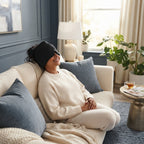 A person wearing a cooling migraine relief cap while resting comfortably on a sofa in a bright, modern living space.