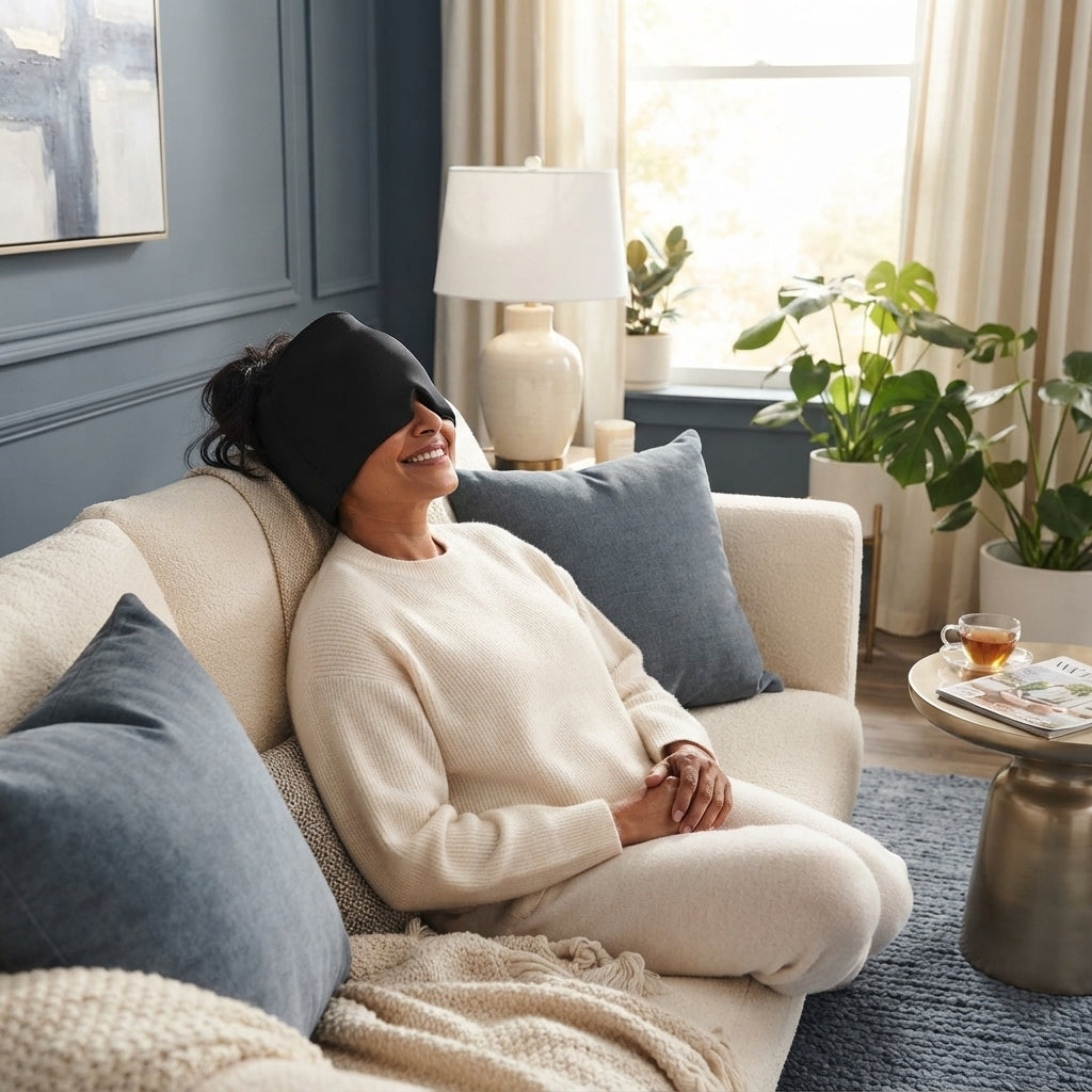 A person wearing a cooling migraine relief cap while resting comfortably on a sofa in a bright, modern living space.