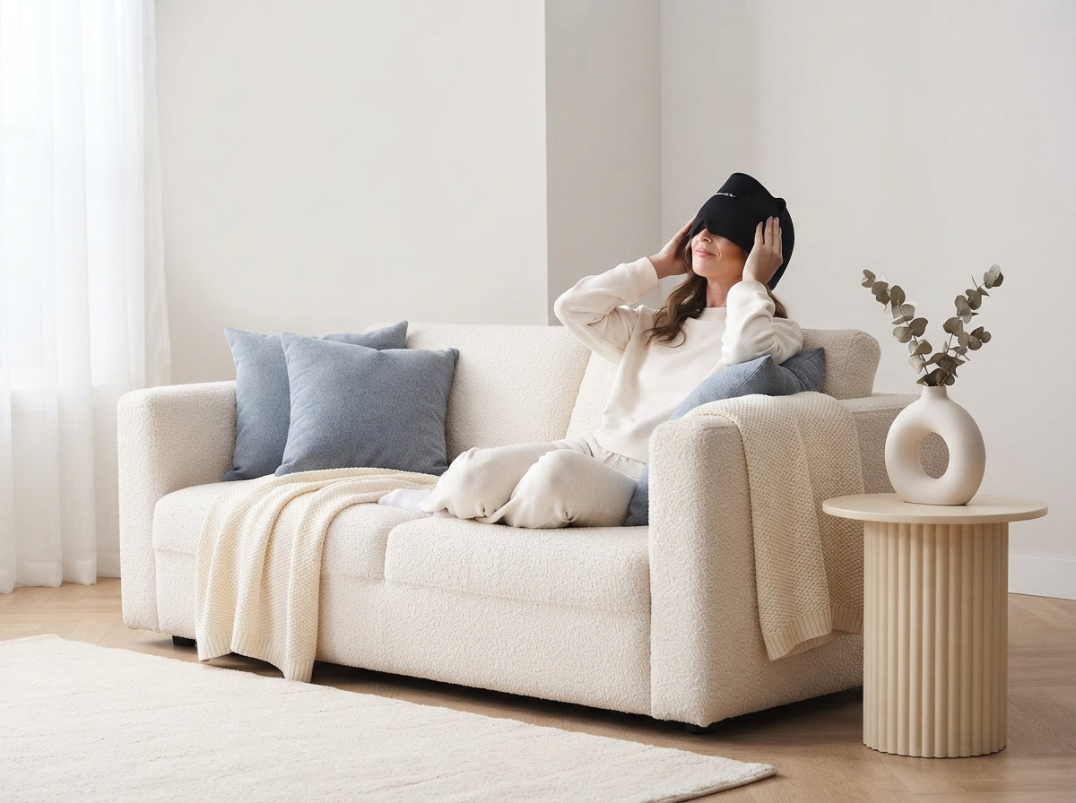 A woman wearing a migraine relief cap rests on a cream sofa in a modern, serene living room with slate blue and warm ivory de